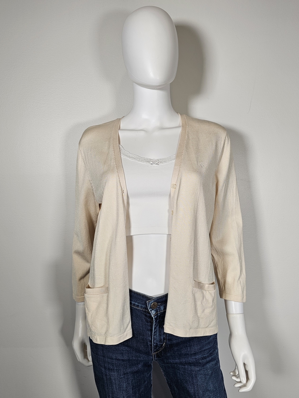 Ralph Lauren Silk Blend Open Front Cream Cardigan Sz PM